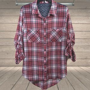 Xhilaration red and navy plaid sheer, long sleeved button-up shirt.